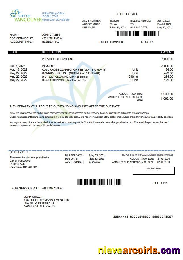Canada British Columbia City of Vancouver utility bill